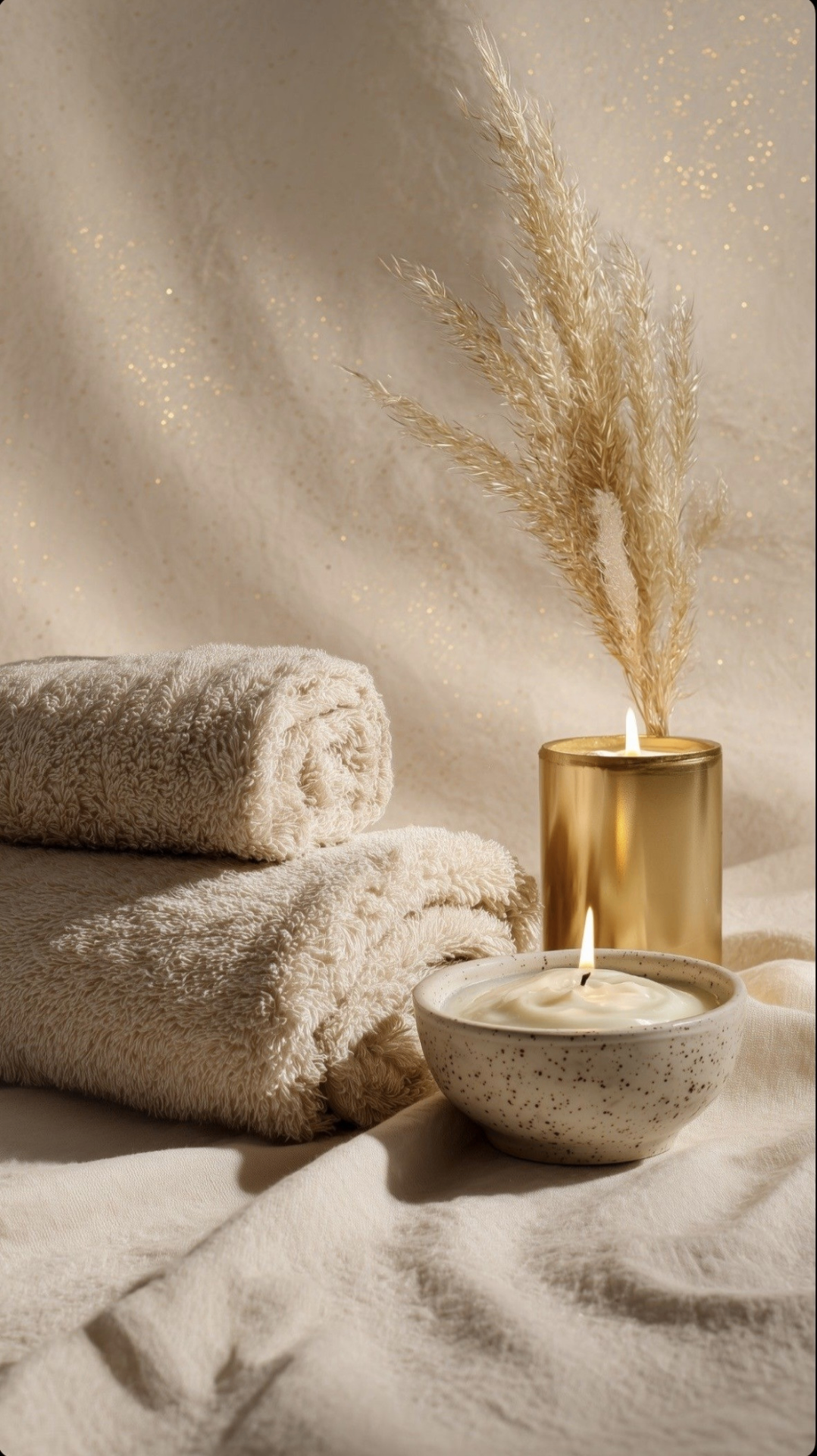 Spa towels, gold candle, dried pampas grass and a skincare bowl in warm neutral tones